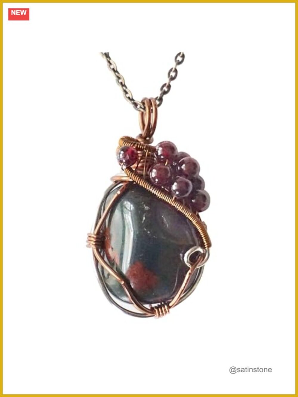 Bloodstone Garnet Pendant Necklace Wire Wrapped Bronze 24"